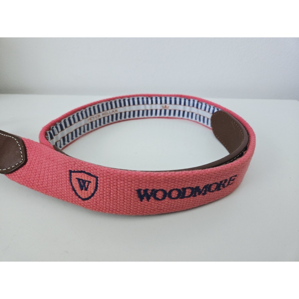Peter Millar Classic Leather Belt Canvas Woodmore Brass Buckle Coral Mens 30